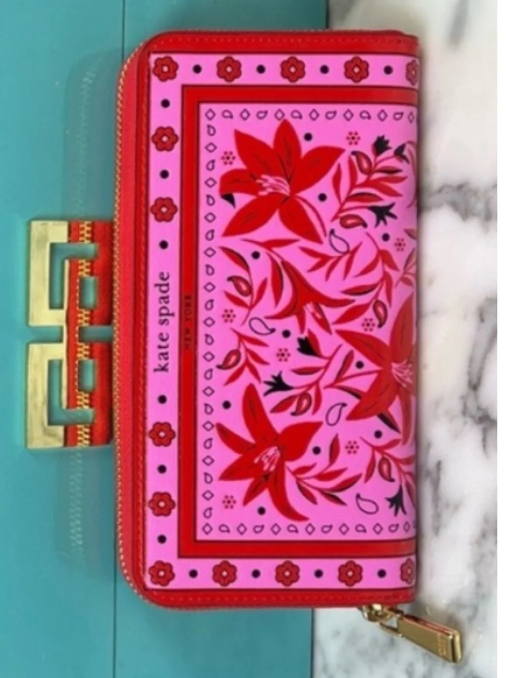 Kate Spade Floral Bandana Pink and Red Wallet (RARE) New With Tags Retails $260 - Picture 2 of 6